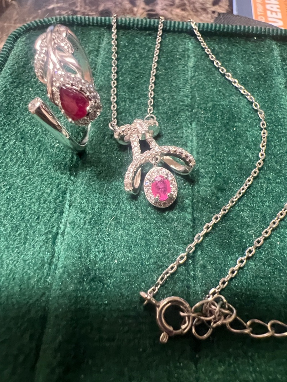 Sterling Silver Pink Gem Pendant Necklace and Ring Set